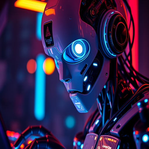 Create a futuristic scene of a robotic DJ with glowing blue eyes and intricate circuitry, intense neon lighting, captured with a Canon EOS R5, 50mm lens at f/1.8, ISO 100, 1/200s, in a close-up shot for enhanced detail and vibrant colors.