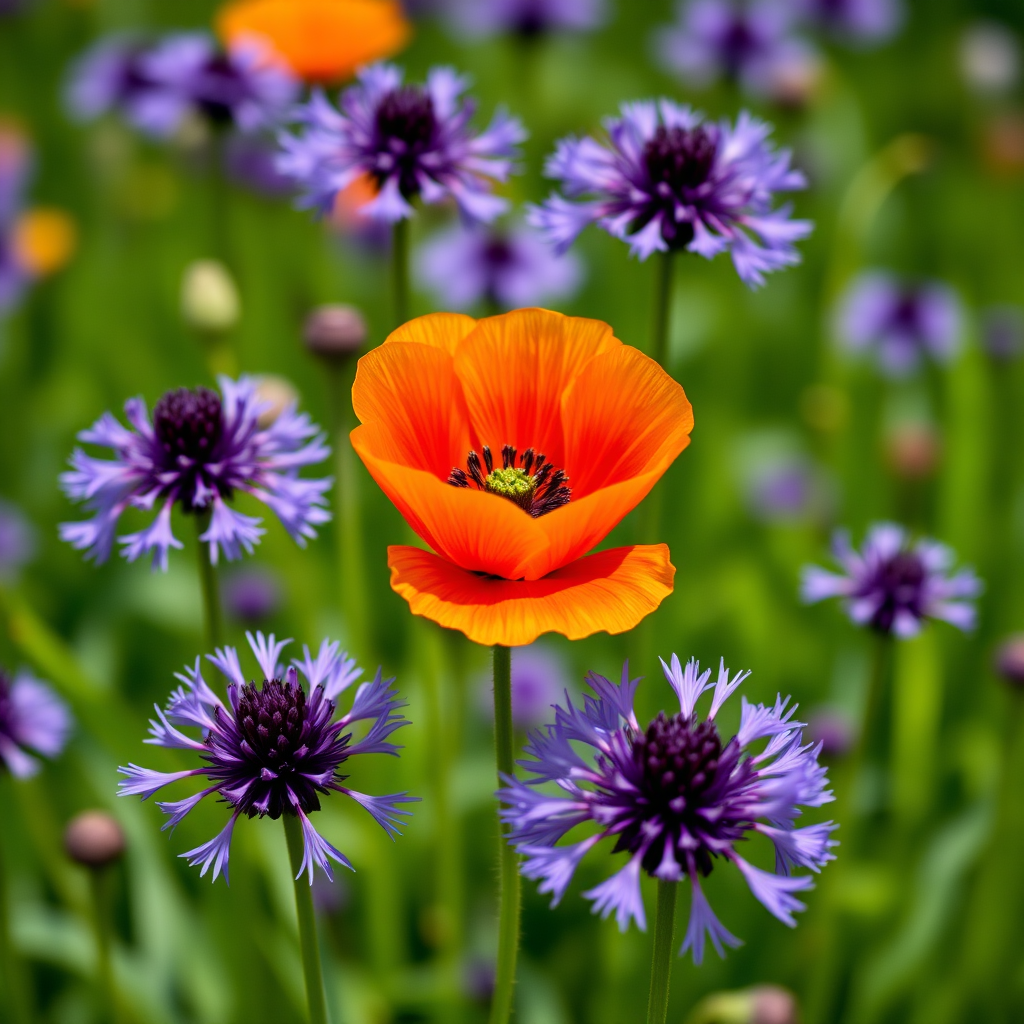 macro shot of vibrant orange poppy flower standing between purple allium blooms in a lush green garden background, taken with a Nikon D850, f/2.8 aperture, 1/200 sec shutter speed, ISO 100, natural light with a shallow depth of field to emphasize the flowers