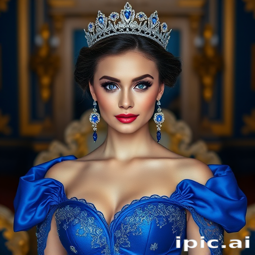 A gorgeous woman in a luxurious blue gown, accessorized with a dazzling tiara and statement earrings, her deep blue eyes highlighted by impeccable makeup, poised in a royal setting, photorealistic, 8K quality