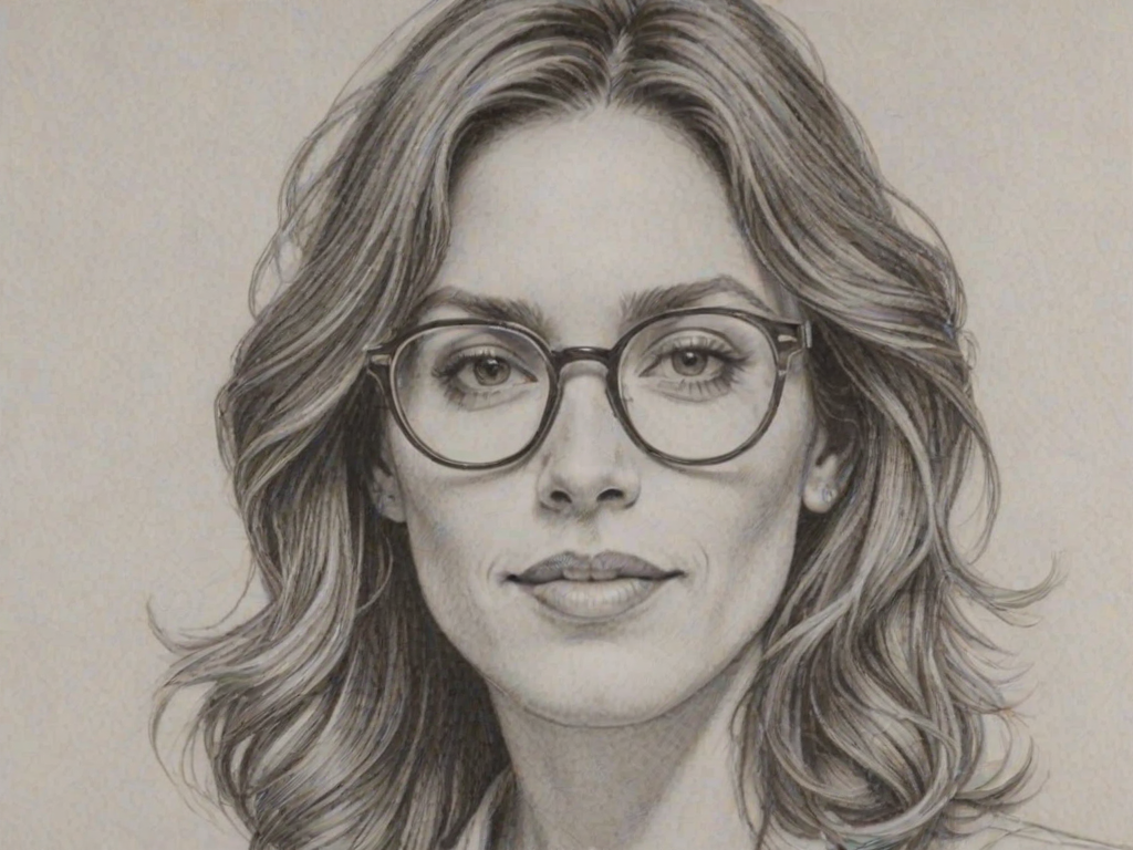 Sublime Amy Jo Johnson, pencil sketch, portrait of Captivating woman 1976s in glasses, hair style beatnik, outline, clear lines, fine lines, 8k