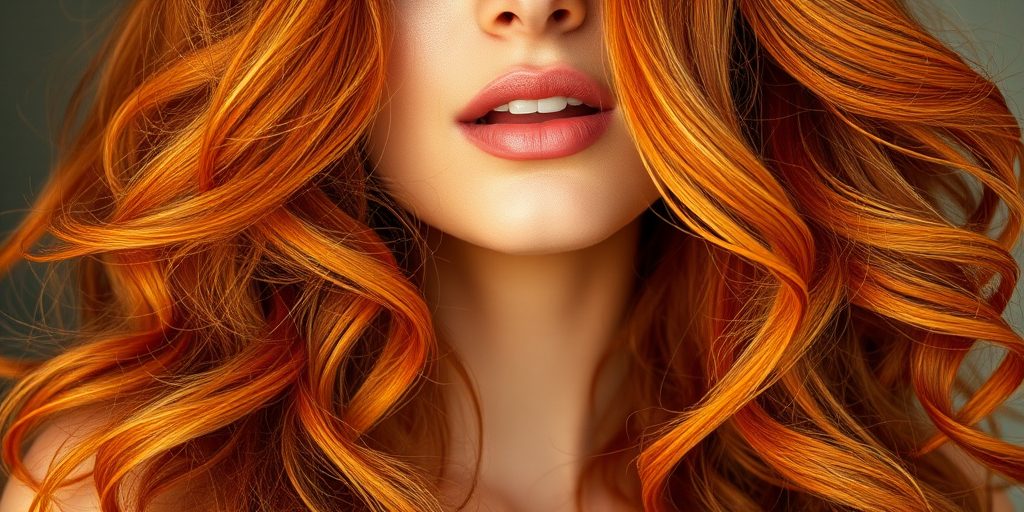 Radiant close-up of a woman with Sunburst Copper tresses, a rich orange-red hue with golden highlights, styled in voluminous vintage waves