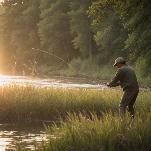 Blurry candid shot of a fisherman casting his line into a river at dawn, soft light from the rising sun reflecting off the water, with trees softly blurred in the background.