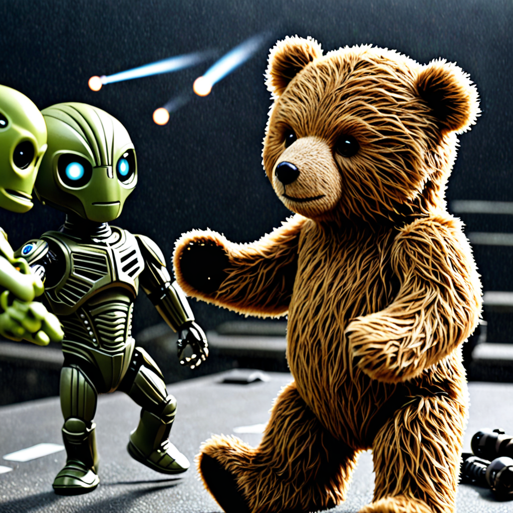 teddybear fighting aliens