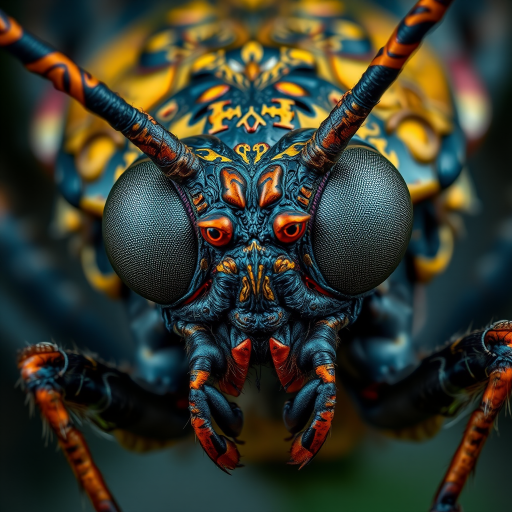 A close-up of a monstrous insect creature with intricate textures and vibrant colors, emphasizing its large, menacing eyes and detailed anatomy, captured with a Canon EOS 5D Mark IV, aperture f/2.8, ISO 100, shutter speed 1/200s, natural lighting, macro lens, high dynamic range, and a shallow depth of field for a dramatic effect.