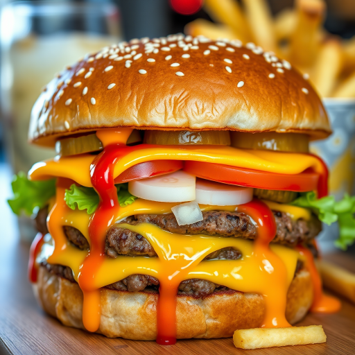 High-resolution, close-up image of a gourmet double cheeseburger. The burger features a glossy, sesame-seed-topped brioche bun. Inside, there are two thick, juicy beef patties, each topped with melted cheddar cheese. The burger is garnished with fresh lettuce, tomato slices, diced onions, and pickles. A generous amount of ketchup and a creamy, orange-colored sauce is dripping down the sides, adding to the mouth-watering appeal. In the background, there are blurred elements including a side of golden French fries and a hint of a beverage, enhancing the overall presentation of a delicious meal.