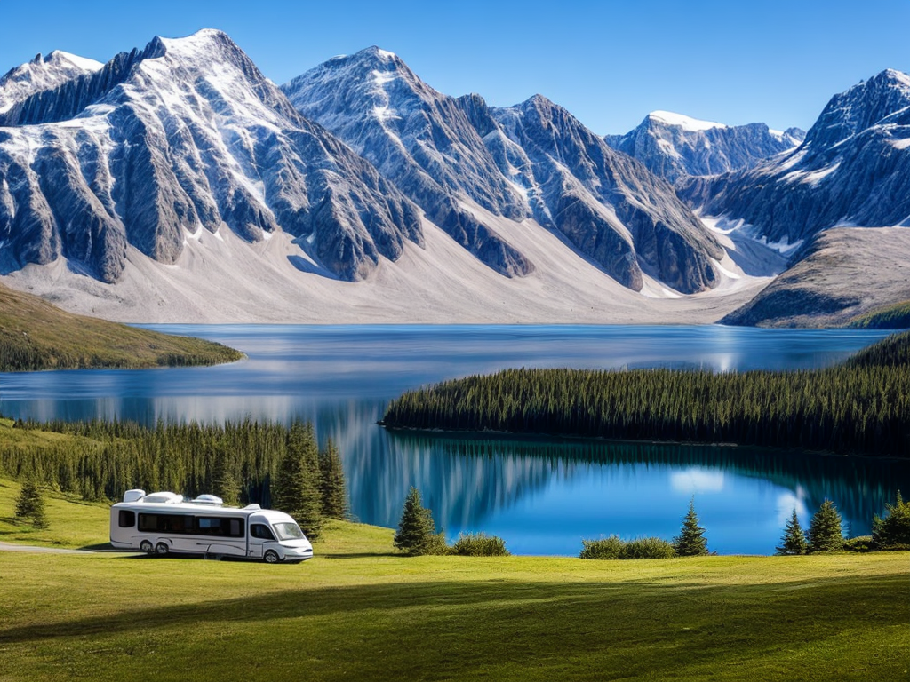 silver motorhome parked next to a lake and mountains. The landscape ...