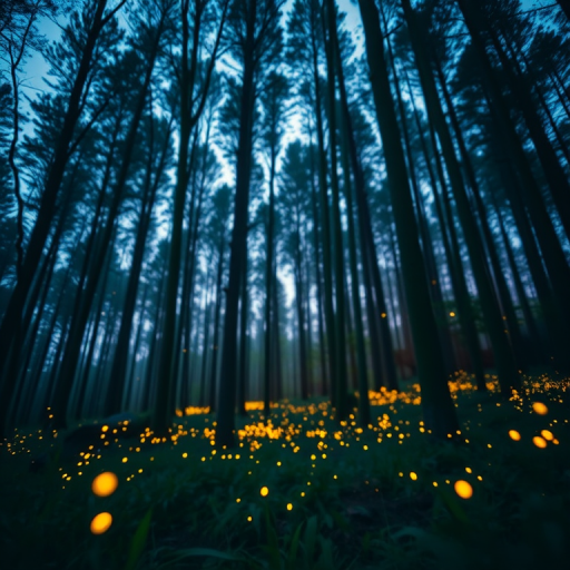 Capture a mystical forest scene at dusk with glowing fireflies, using a Canon EOS R5, 24mm wide-angle lens, f/2.8 aperture, ISO 800, with a shallow depth of field to enhance bokeh, shot from a low angle to emphasize the illuminated forest floor and tall trees, ensuring soft lighting and vibrant colors for an ethereal atmosphere.
