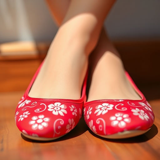 Create an image of a pair of red ballet flats with floral patterns, shot with a DSLR camera, aperture set to f/2.8, ISO 100, at a 45-degree angle, in natural light to enhance color vibrancy and detail.