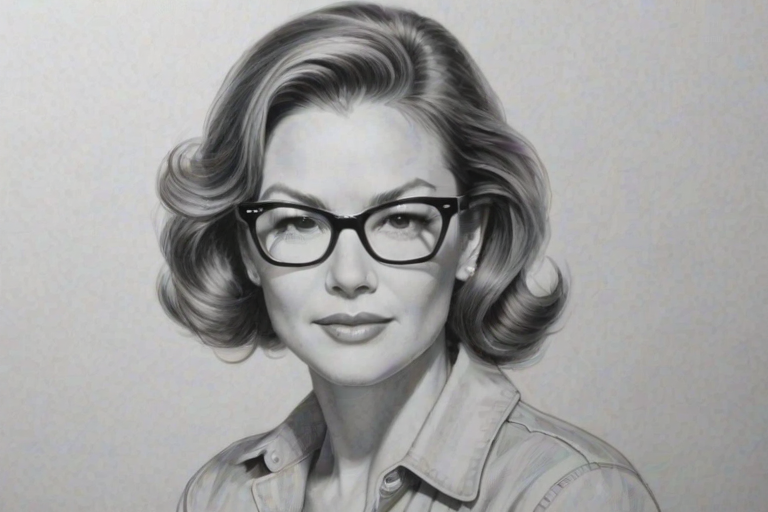 Dazzling Diane Lane, pencil sketch, portrait of Pleasing woman 1956s in glasses, hair style beatnik, outline, clear lines, fine lines, 8k
