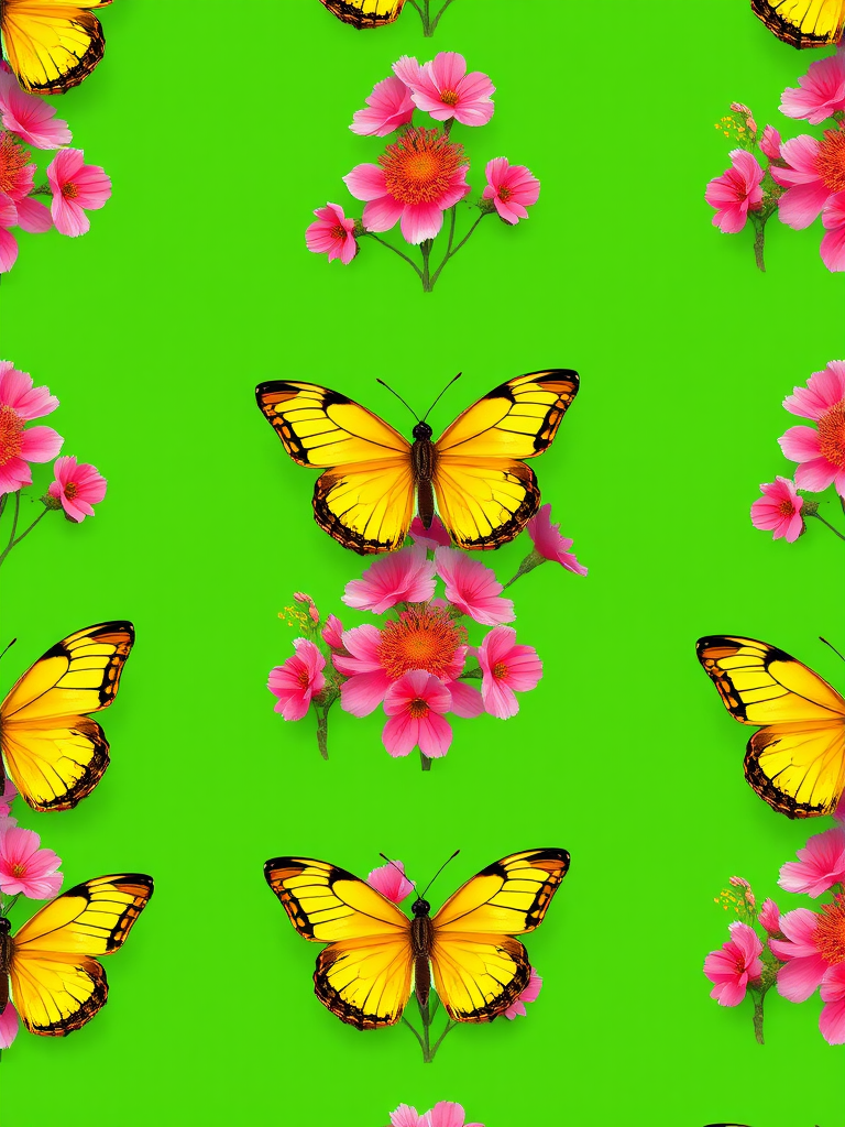 generate a high-resolution repeating pattern of yellow butterflies and pink flowers on a green background, use a DSLR camera with a 50mm f/1.8 lens, aperture set to f/8, ISO 100, shot in macro mode for intricate details, use a soft natural light to enhance colors and textures