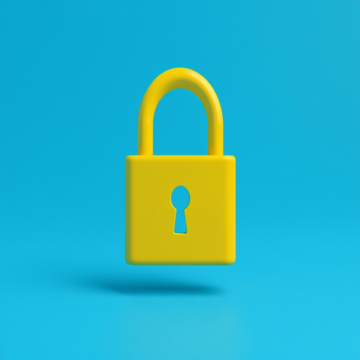 generate a high-resolution 3D illustration of a yellow padlock on a solid blue background, camera settings: ISO 100, aperture f/8, shutter speed 1/60s, camera view: frontal view, camera style: minimalistic, camera type: DSLR