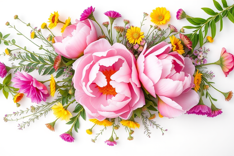 Generate a high-resolution floral arrangement featuring pink peonies and assorted wildflowers centered on a white background, shot with a Canon EOS R5 at f/4, ISO 100, 50mm lens, in natural light for vibrant colors and soft focus.