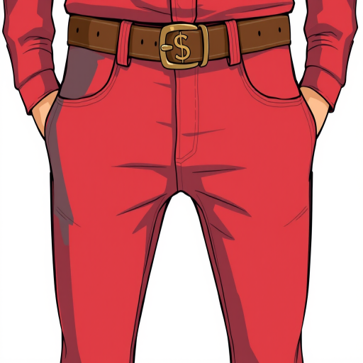 Create a high-resolution digital illustration of a pair of red pants with gray pockets and a brown belt featuring a dollar sign buckle, capture from a front view, using a 50mm lens at f/8, ISO 100, and natural lighting for enhanced detail and clarity.