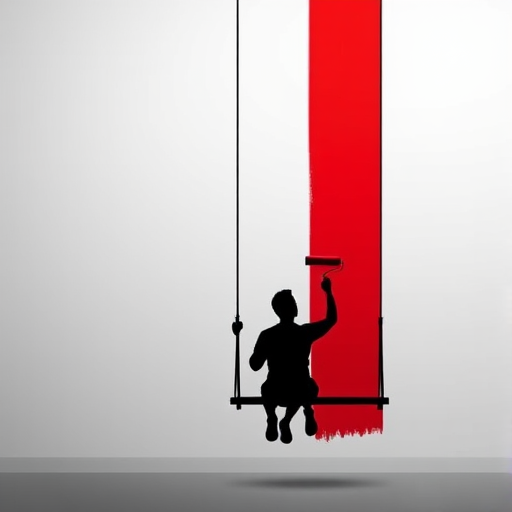 Create a digital illustration of a minimalistic scene featuring a silhouette of a person painting a large red vertical stripe on a white wall, using a roller while sitting on a swing, with high contrast colors, shot with a DSLR camera at f/2.8, 50mm lens, with overhead lighting and a focus on sharp details.