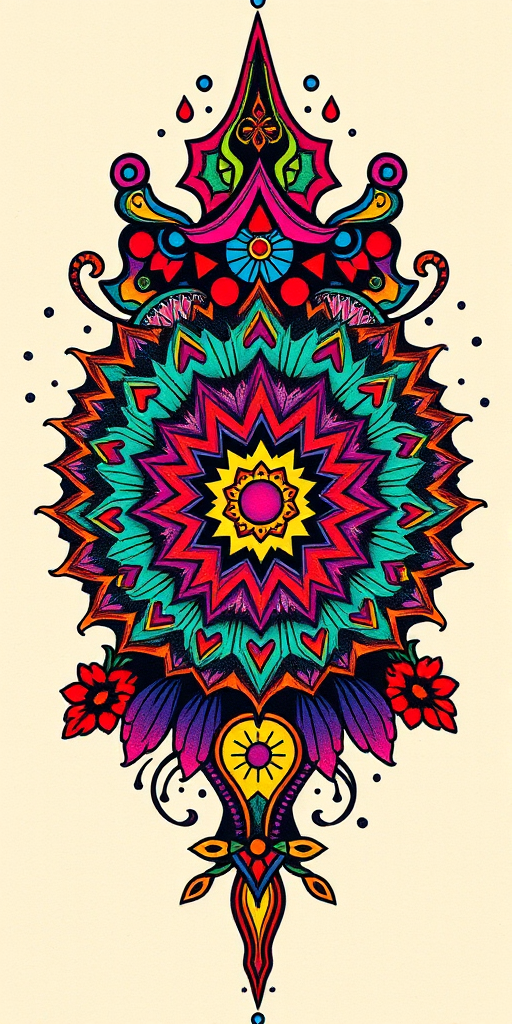 Psychedelic tattoo inspired by 1960s artwork, kaleidoscopic patterns and vibrant neon colors, optical illusions and trippy visual effects, mind-bending and mesmerizing design