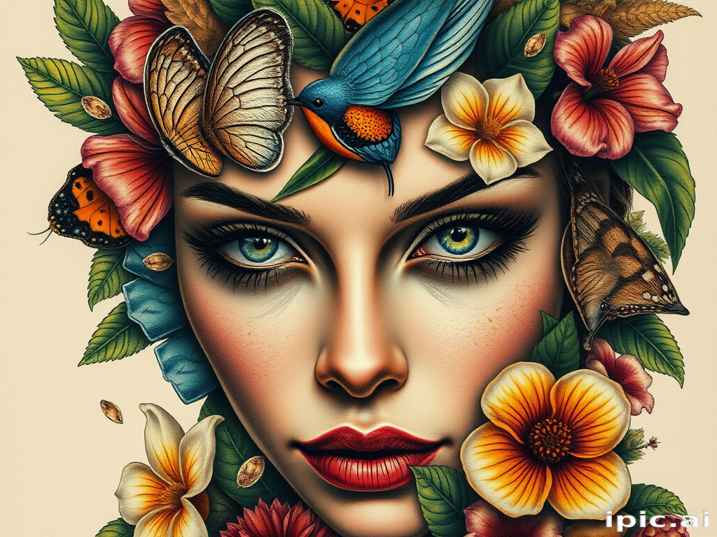 Hyper-realistic "Nature's Embrace" tattoo portrait incorporating lifelike fauna and flora seamlessly integrated with the subject's facial features creating a stunning fusion of human and natural elements