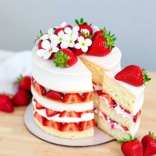 A beautifully layered cake with three tiers showcasing soft sponge layers filled with fresh strawberries and cream, topped with a generous amount of strawberries and delicate white flowers, with a slice cut out revealing the delicious filling inside.
