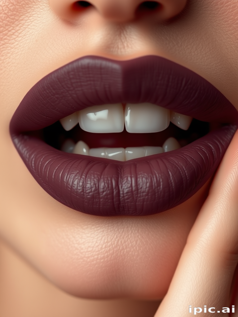 Sultry matte mauve lips with a velvety appearance, slightly parted to reveal a hint of teeth, exuding elegance and sophistication