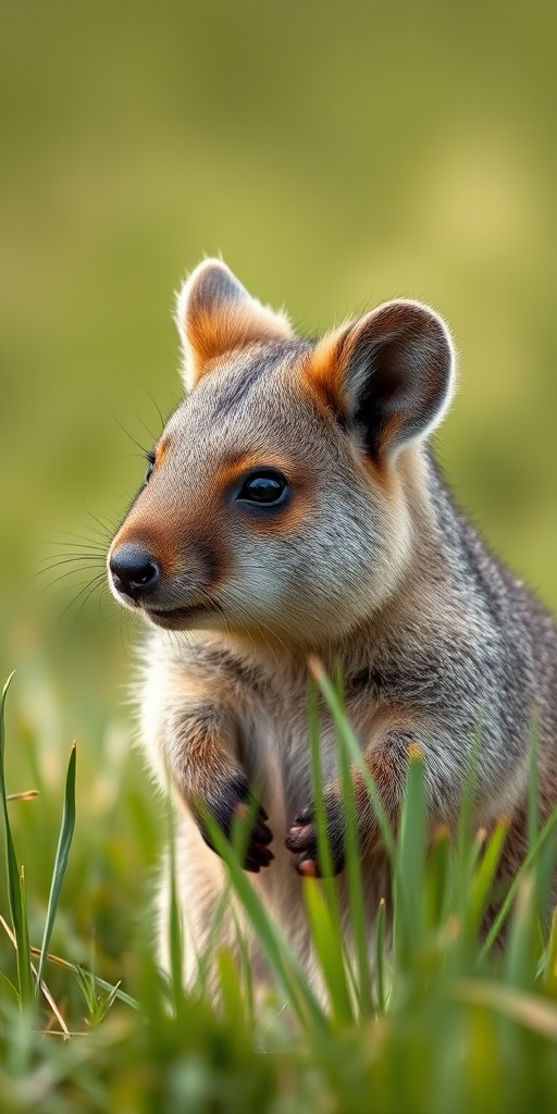 close-up shot of a quokka in a grassy field, shallow depth of field, f/2.8, 1/1000s, ISO 200, 50mm lens, natural lighting, DSLR camera, portrait orientation