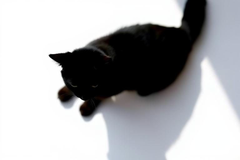 Create a high-quality black silhouette of a cat on a white background, captured with a Canon EOS R5, 50mm lens, f/1.8 aperture, 1/200 sec shutter speed, ISO 100, top-down view, natural lighting for enhanced clarity.