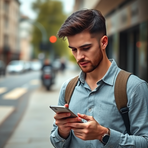 Portrait of a man walking on a city street looking at his phone, shallow depth of field, f/2.8 aperture, ISO 100, 50mm lens, natural light, DSLR camera, focus on the subject with a blurred background.