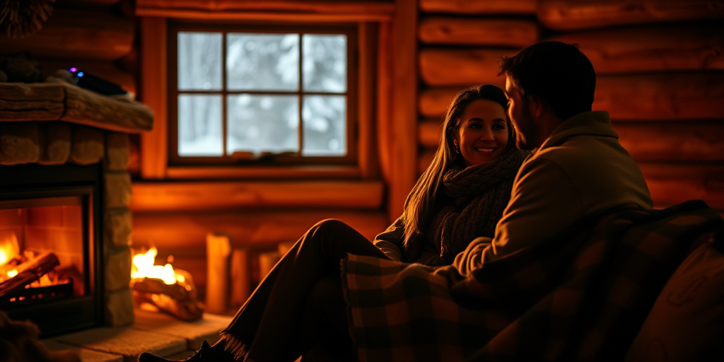 Low-light, intimate photo of a couple sitting by a fireplace in a rustic cabin, soft orange glow illuminating their faces, a warm blanket draped over their legs, soft crackling of the fire filling the air, snow gently falling outside the window behind them.