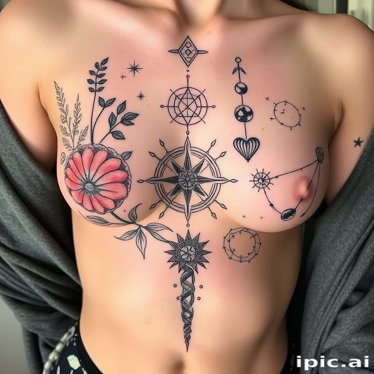 Elegant fine line tattoo named "Whispers of Antiquity" featuring delicate botanical illustrations intertwined with ancient symbols and constellations, creating a harmonious blend of nature and mysticism on the ribcage