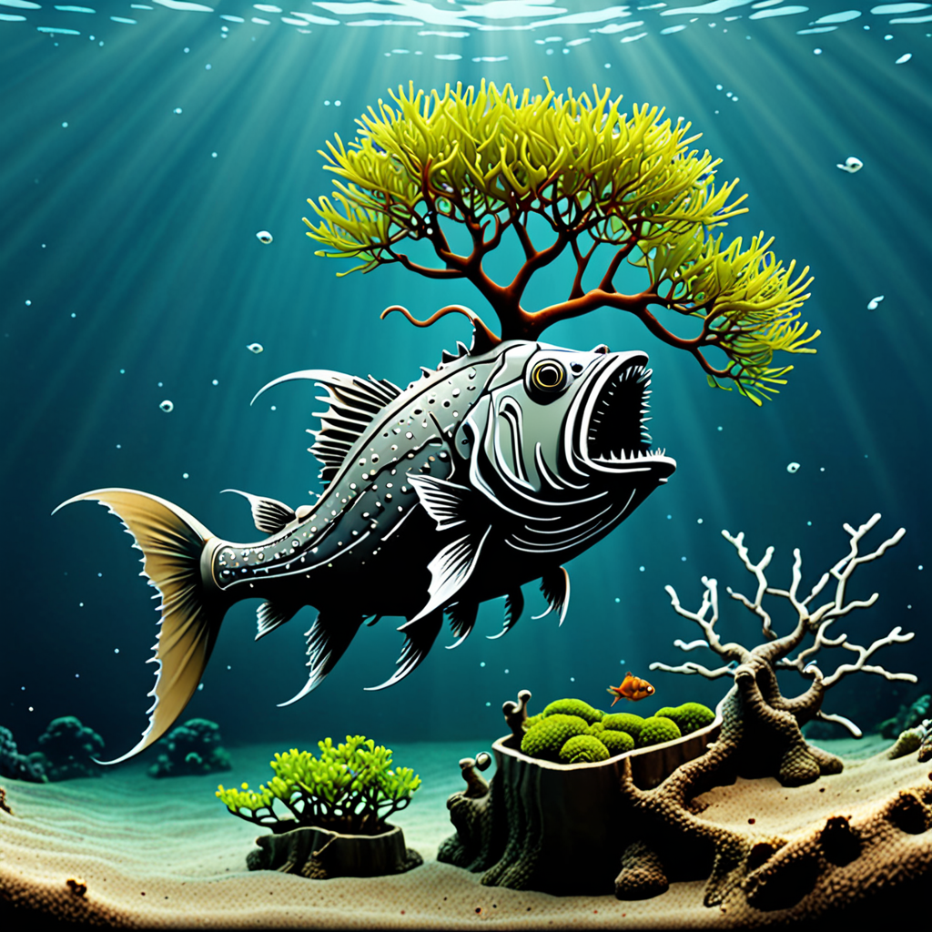 Cartoon angler fish eating a bonsai tree in the depths of the sea