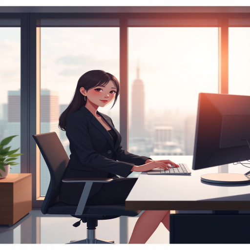 Create a high-resolution digital illustration of a young woman in a black suit seated at a modern office desk with a city skyline visible through large windows, soft ambient lighting, 50mm lens, f/1.8 aperture, ISO 200, depth of field focused on the subject, cinematic style, digital art.