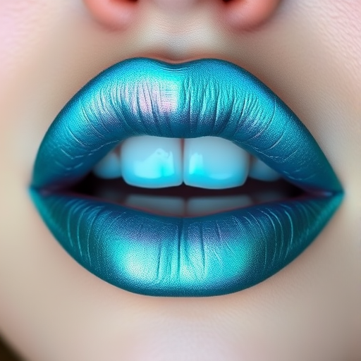 Shimmering turquoise lips with a duochrome effect, christened "Mermaid's Kiss," offering a color-shifting finish and oceanic inspiration for unique makeup