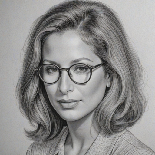 Enchanting Barbra Streisand, pencil sketch, portrait of Alluring woman 1942s in glasses, hair style beatnik, outline, clear lines, fine lines, 8k