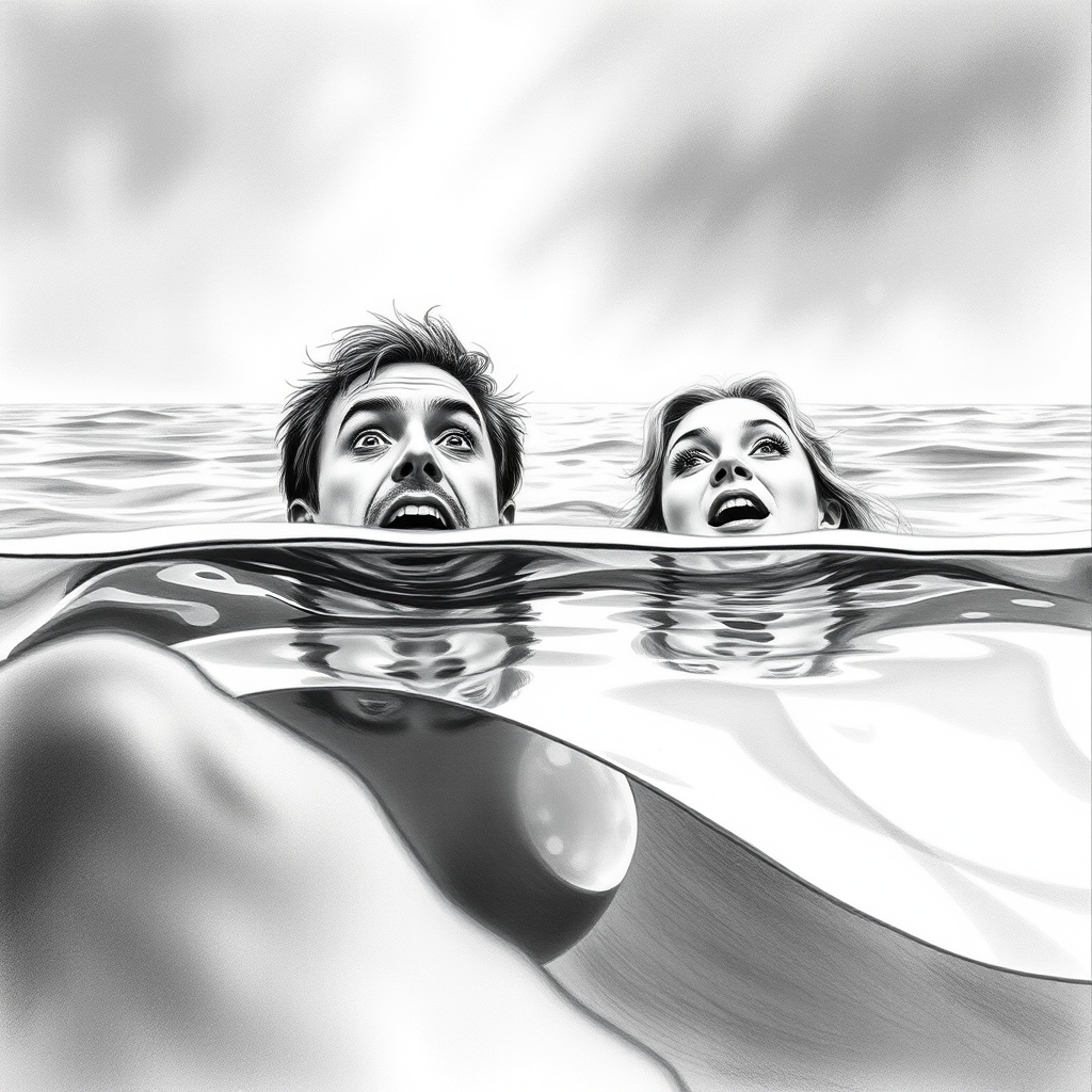 A hyperdetailed photorealistic black and white pencil sketch recreating the iconic scene at the end of Titanic with Jack and Rose floating in the water, only show them making exaggerated funny faces at the camera. Show Rose spitting water at the camera.