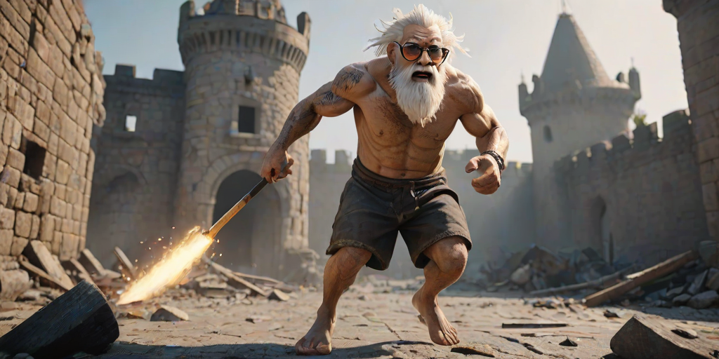 Cartoon 3D High-Resolution,dynamic battle scene using Unreal Engine 5 and Octane Render. The scene features back of an elderly, thai man with a beard,messy hair and round golden-rimmed glasses. He is wearing a tattered tank top with soot marks, shorts, and sandals. sweating. he wields a baseball bat. He jump to fight with a white fire-breathing Europe dragon amidst a partially destroyed stone castle. Include intense flames, smoke, and debris to enhance the dramatic effect.