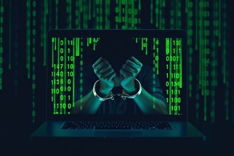 A person with hands handcuffed emerging from a laptop screen, surrounded by flowing green binary code, shot with a Canon EOS R5, 50mm lens at f/2.8, ISO 200, 1/125s, in a darkened room with backlighting to enhance contrast.