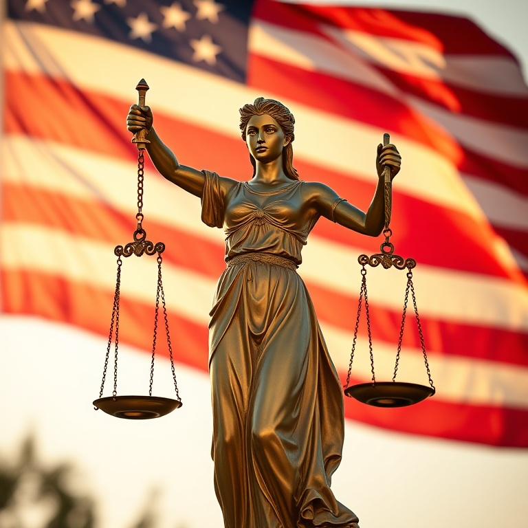 Create an image of a golden statue of Lady Justice holding scales and a sword, set against a waving American flag background, captured with a DSLR camera, 50mm lens, f/1.8 aperture, ISO 100, 1/200s shutter speed, in an outdoor setting during golden hour for optimal lighting and detail.