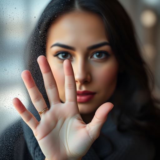 create a soft-focus portrait of a woman behind frosted glass, hand pressed against the surface, natural lighting, aperture f/2.8, shutter speed 1/60s, ISO 400, 50mm lens, depth of field, portrait style, DSLR camera