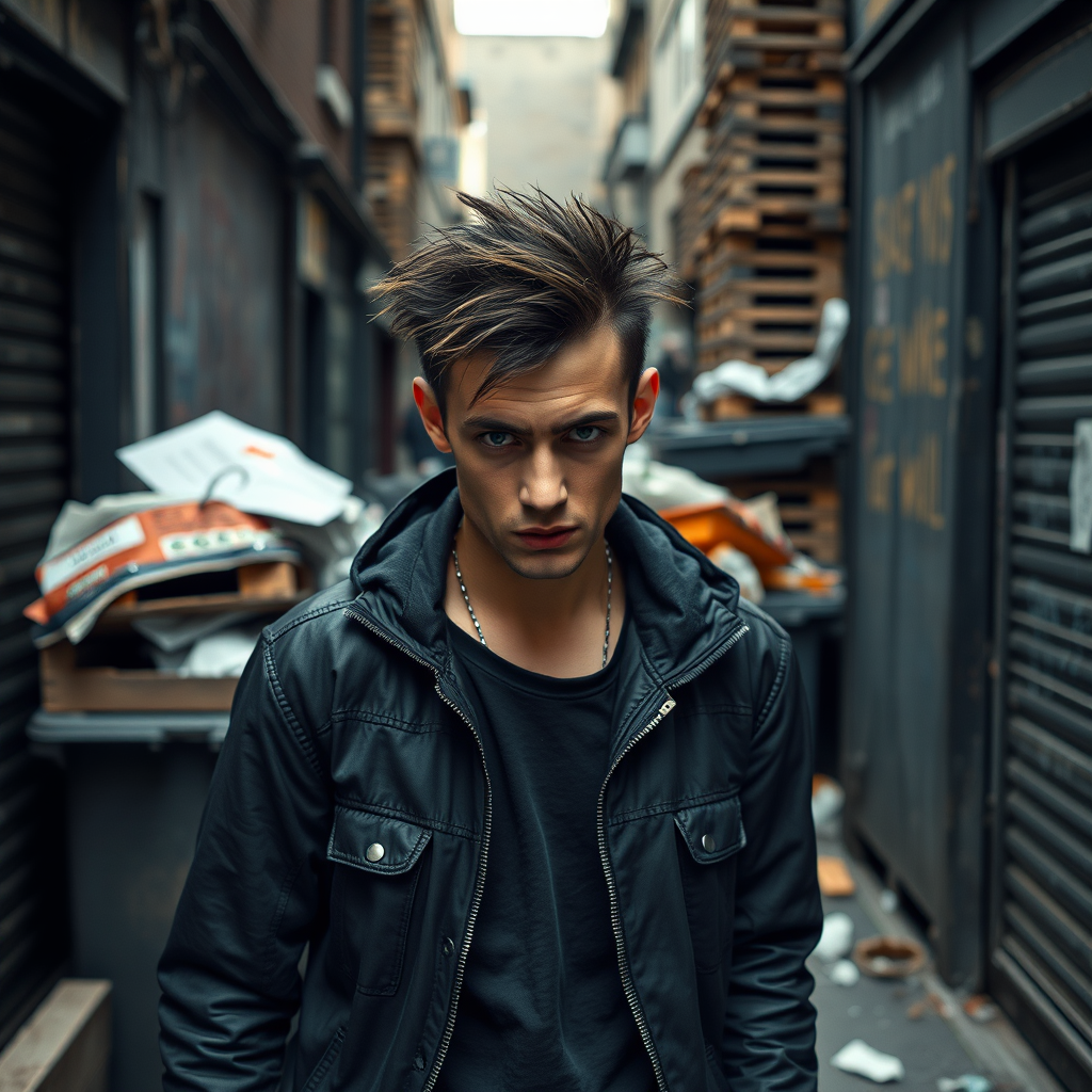 generate an ultra-realistic, highly detailed photograph of a punk. he's standing still, looking menacingly at the camera. he's in a narrow, dirty London street. there are wooden crates stacked up. overflowing rubbish bins, rubbish on the ground.