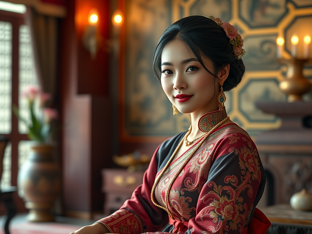 A beautiful Lao woman in traditional East Asian attire, intricately detailed with embroidered patterns, sitting gracefully in a richly decorated room, soft ambient lighting, serene and elegant, ultra-realistic, 8K resolution