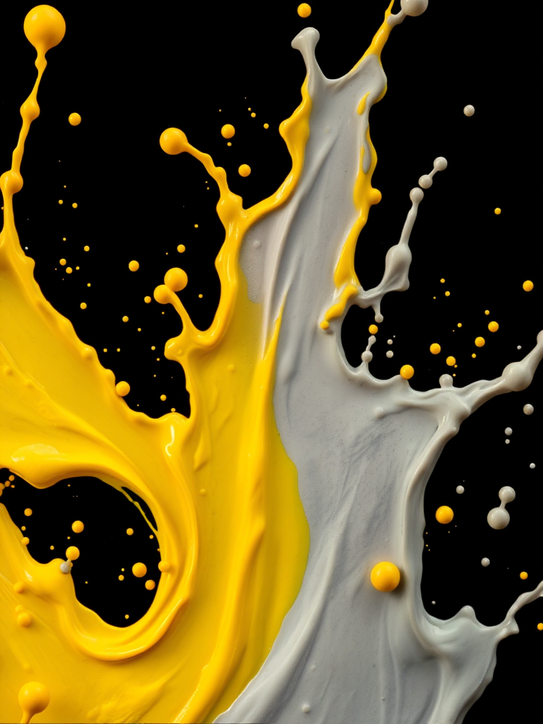 high-resolution image of yellow and gray paint splashes merging in an artistic flow against a black background, captured with a macro lens at f/2.8, 1/250s shutter speed, ISO 100, using a Canon EOS R5 with a 100mm macro lens, soft studio lighting for enhanced contrast and detail