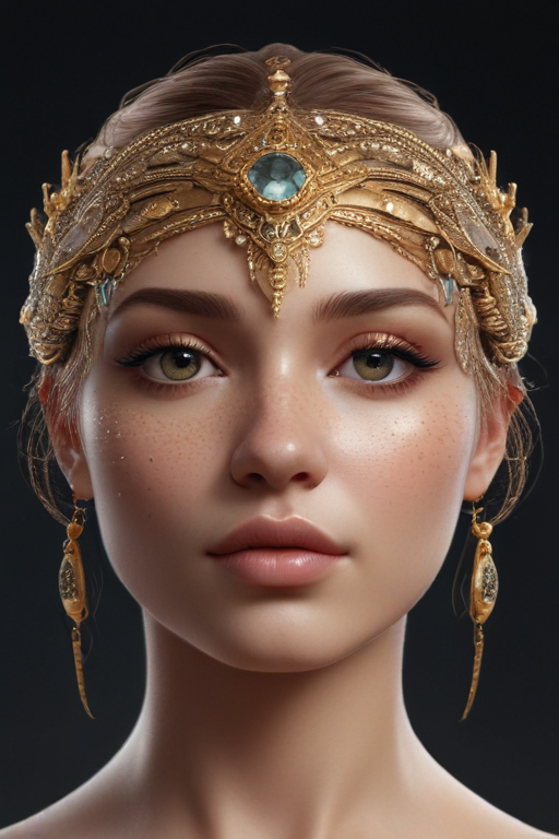 Majestic Portrait of a Young Woman Adorned with Intricate Golden Crown