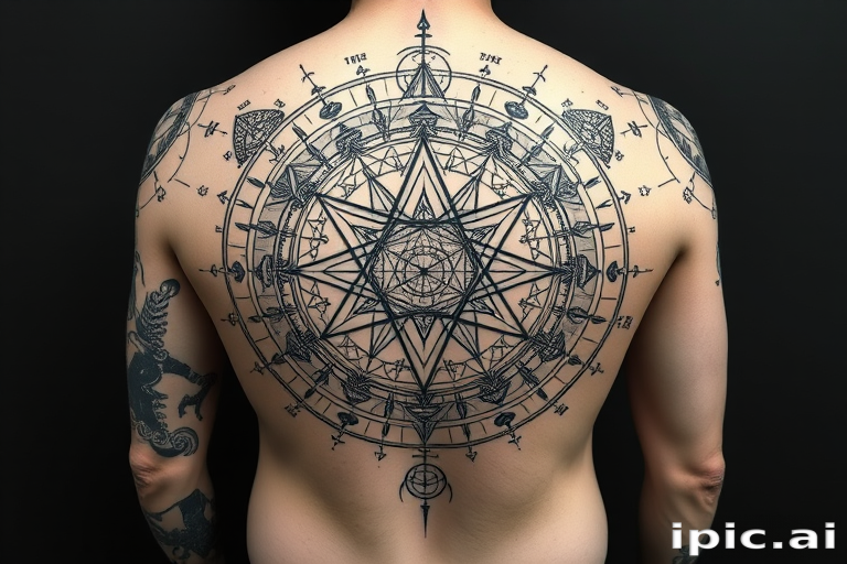 Blackwork sacred geometry tattoo named "Cosmic Blueprint" combining intricate geometric patterns with astronomical symbols and constellations, creating a harmonious balance between order and chaos, suitable for full back, chest, or leg sleeve placement
