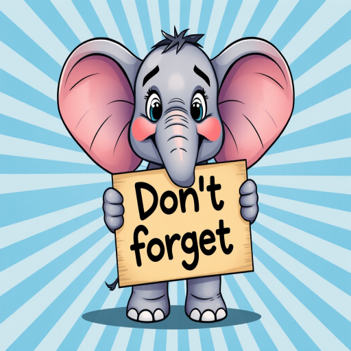 Regenerate an image of a cartoon elephant holding a sign that says "Don't forget" against a radial blue background, using a DSLR camera with a 50mm lens, aperture set to f/2.8, ISO 100, and shoot from a frontal view with vibrant colors and high contrast.