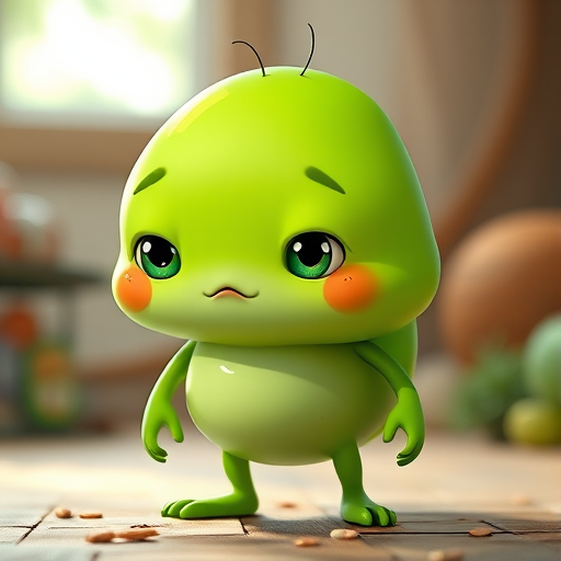Create a cartoonish character design of a green, blob-like creature with human features, medium shot, soft lighting, digital art style, using a virtual camera with a 50mm lens and an aperture of f/2.8 for enhanced depth of field.