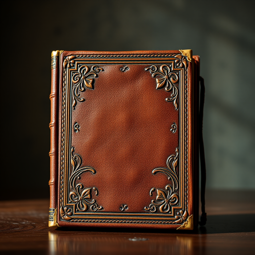 create a highly detailed image of a classic leather-bound book with ornate decorations and a blank cover, shot in natural light using a DSLR camera with a 50mm lens, aperture set to f/1.8 for a shallow depth of field, at ISO 200, positioned at eye level with a soft focused background to enhance texture and craftsmanship
