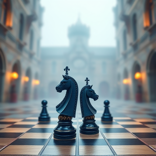 Generate a high-resolution image of a beautifully designed chessboard with ornate blue and gold knight pieces, set in a foggy, enchanting castle courtyard with soft warm lighting, using a Canon EOS R5, 50mm lens, aperture f/1.8, ISO 100, and a wide-angle perspective.