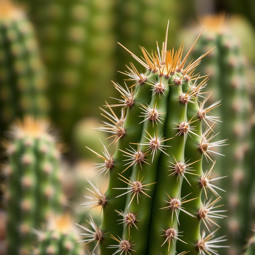 close-up of a green cactus with distinctive spines in a blurred background of similar cacti, f/2.8 aperture, 50mm lens, ISO 100, natural light, macro photography, DSLR camera