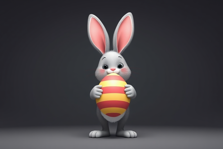 Create a high-resolution digital illustration of a cartoon bunny holding a striped Easter egg, featuring large pink ears and a playful expression, set against a minimalist dark gray background, using a Canon EOS R5 with a 50mm f/1.2 lens, at f/2.8, ISO 100, and 1/200s exposure to enhance clarity and depth.