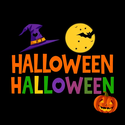 create a vibrant Halloween-themed illustration featuring the text "HALLOWEEN" in playful, colorful fonts with a witch hat, moon, bat, and pumpkin; use a digital illustration style with high resolution, set the camera style to wide-angle, and apply a vivid color correction for enhanced brightness and contrast.