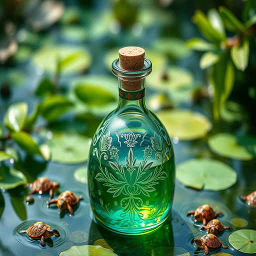 Create a highly detailed close-up image of an ornate glass bottle filled with turquoise liquid, featuring a cork stopper and intricate floral engravings, surrounded by lush green leaves and small turtles in a serene water setting, using a DSLR camera with a 50mm lens, f/1.8 aperture, 1/125s shutter speed, ISO 100, soft natural lighting to enhance colors and texture.