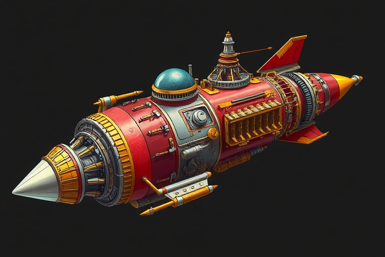 Create a detailed illustration of a steampunk rocket ship with intricate mechanical details, vibrant colors, and a glossy finish, captured in a high-resolution digital format using a DSLR camera with a 50mm lens, f/1.8 aperture, ISO 100, at an angle that emphasizes the ship's shape and design against a dark gray background.